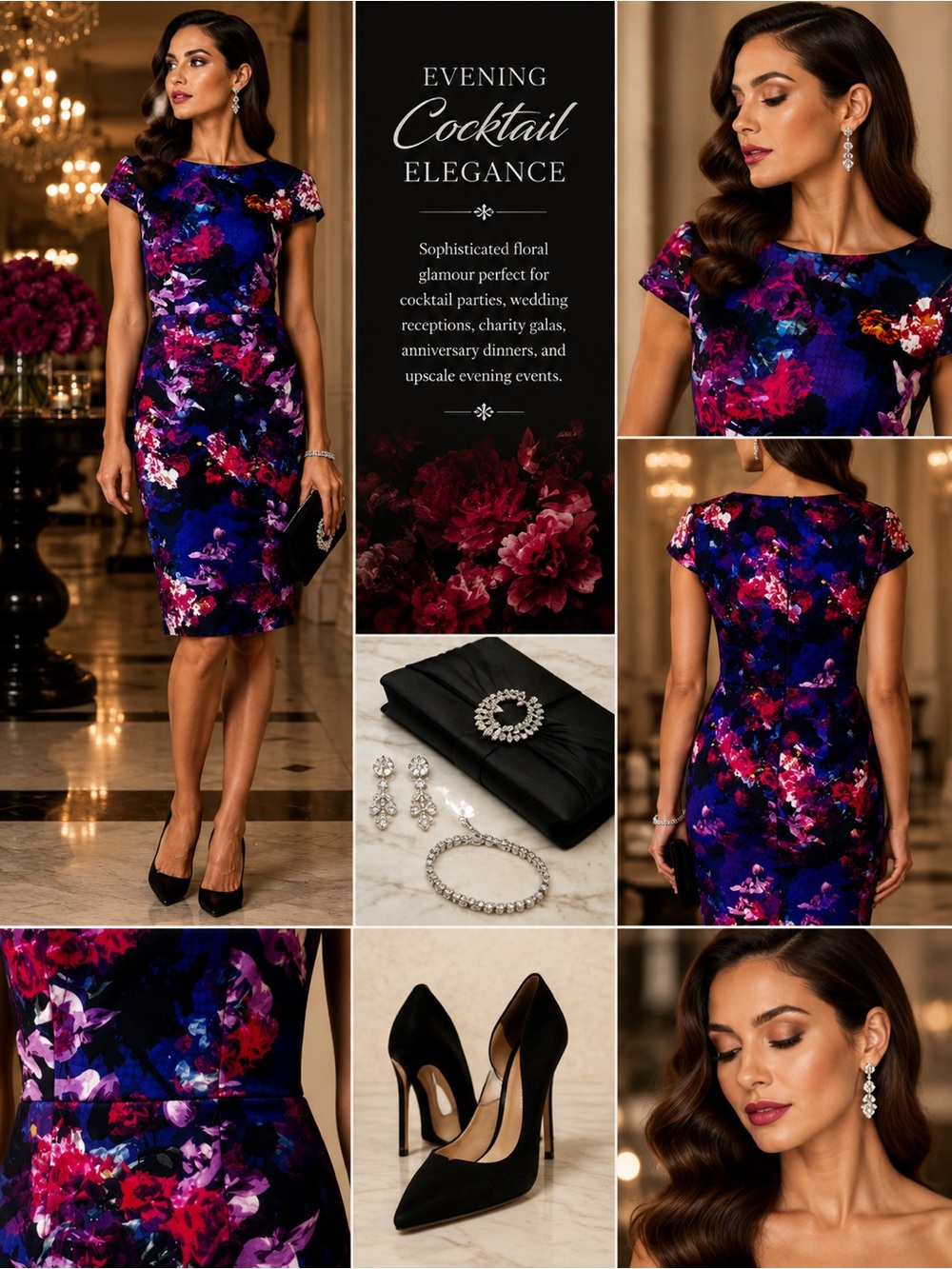Betsey Johnson Floral Sheath Dress Size 6 Blue Pink Cap Sleeve Cocktail Midi - Picture 2 of 11